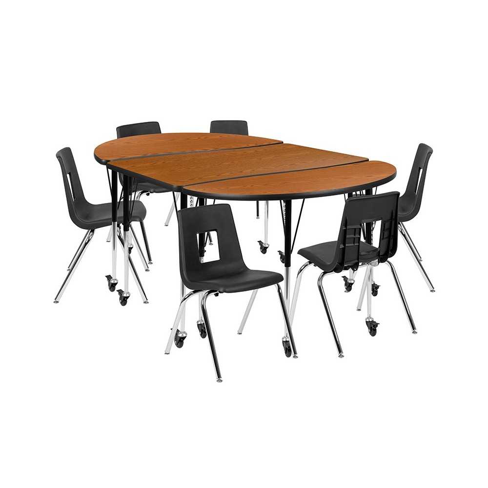 Mobile 76" Oval Wave Collaborative Laminate Activity Table Set with 18" Student Stack Chairs, Oak/Black