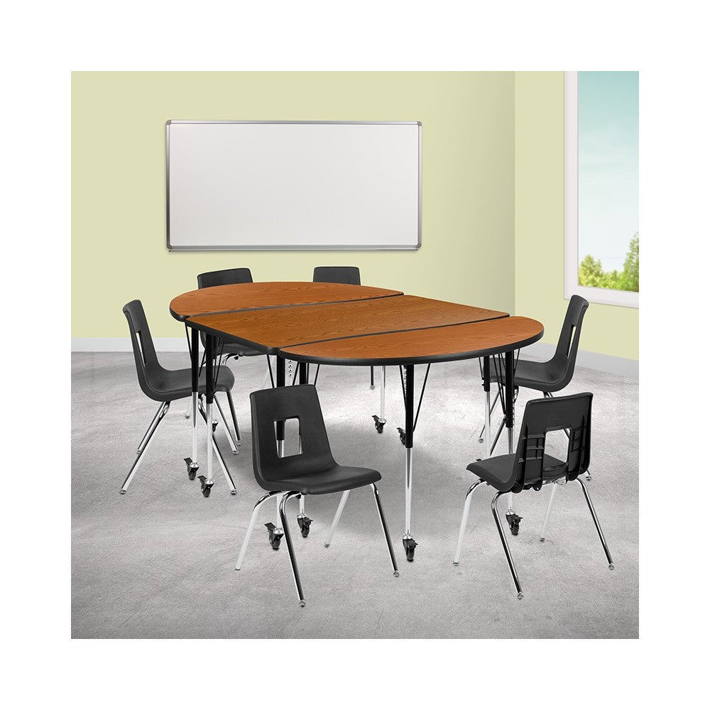 Mobile 76" Oval Wave Collaborative Laminate Activity Table Set with 18" Student Stack Chairs, Oak/Black