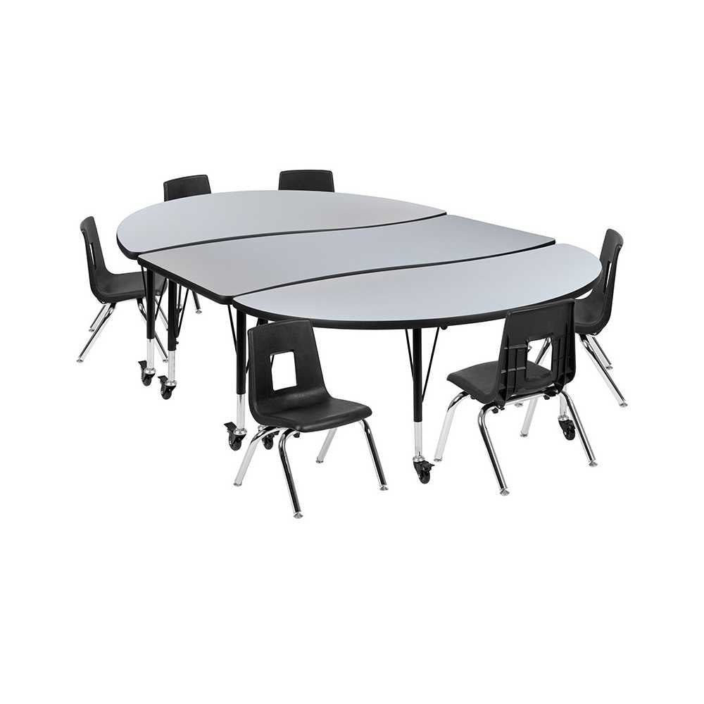 Mobile 86" Oval Wave Collaborative Laminate Activity Table Set with 12" Student Stack Chairs, Gray/Black