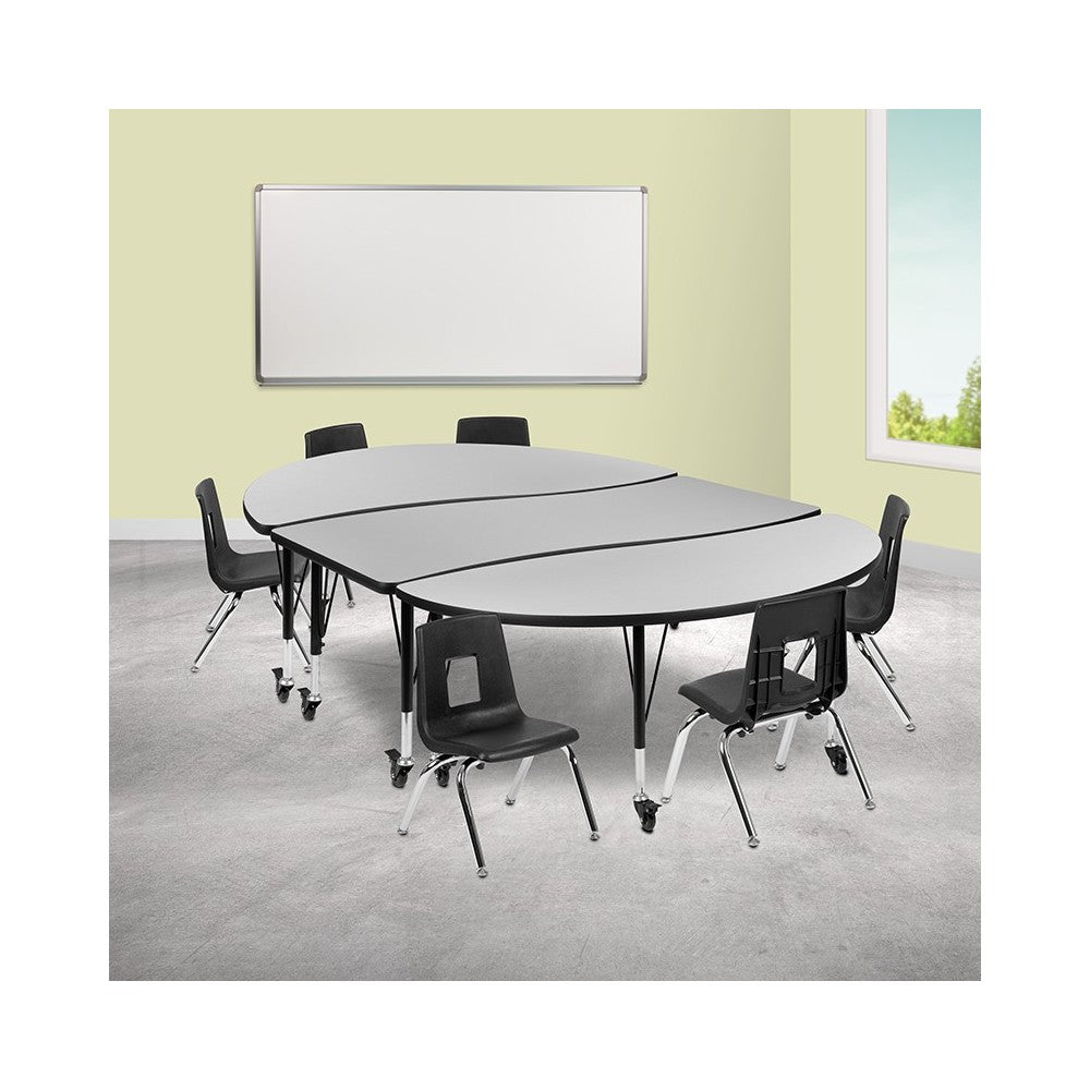 Mobile 86" Oval Wave Collaborative Laminate Activity Table Set with 12" Student Stack Chairs, Gray/Black