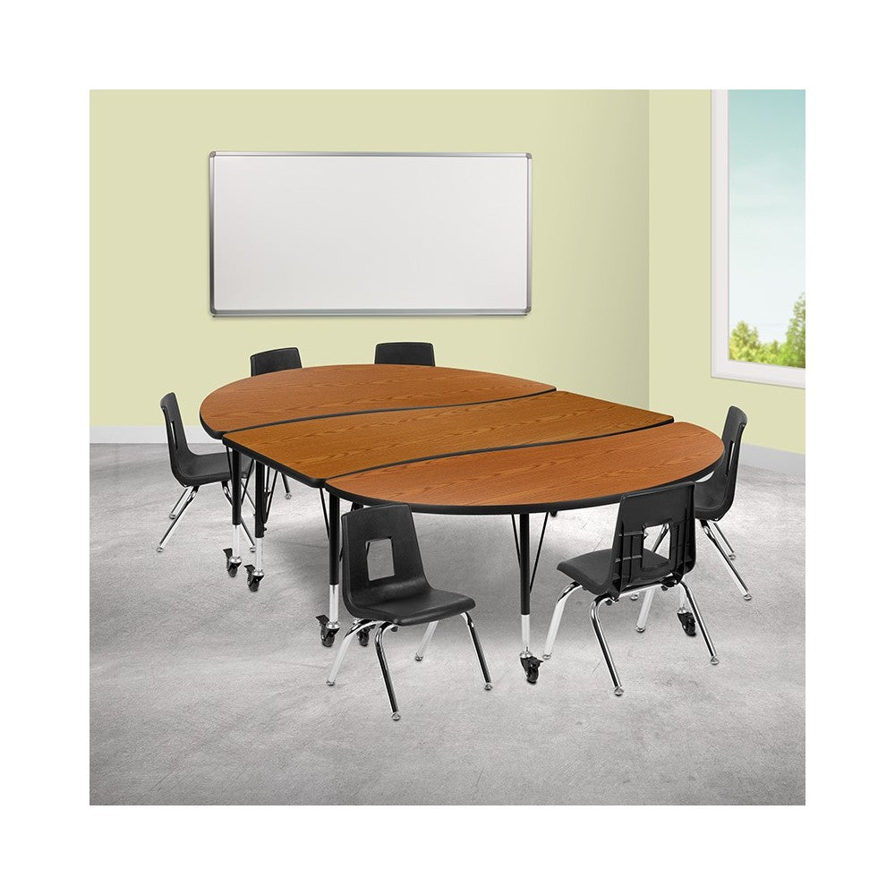 Mobile 86" Oval Wave Collaborative Laminate Activity Table Set with 12" Student Stack Chairs, Oak/Black