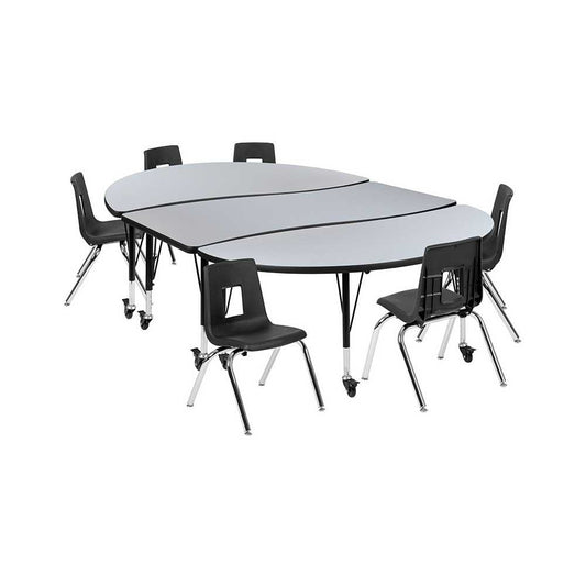 Mobile 86" Oval Wave Collaborative Laminate Activity Table Set with 14" Student Stack Chairs, Gray/Black