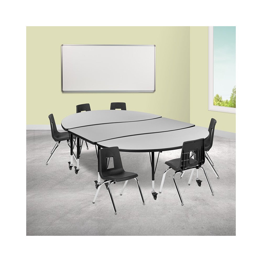 Mobile 86" Oval Wave Collaborative Laminate Activity Table Set with 14" Student Stack Chairs, Gray/Black