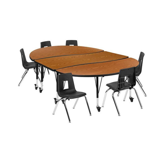 Mobile 86" Oval Wave Collaborative Laminate Activity Table Set with 14" Student Stack Chairs, Oak/Black