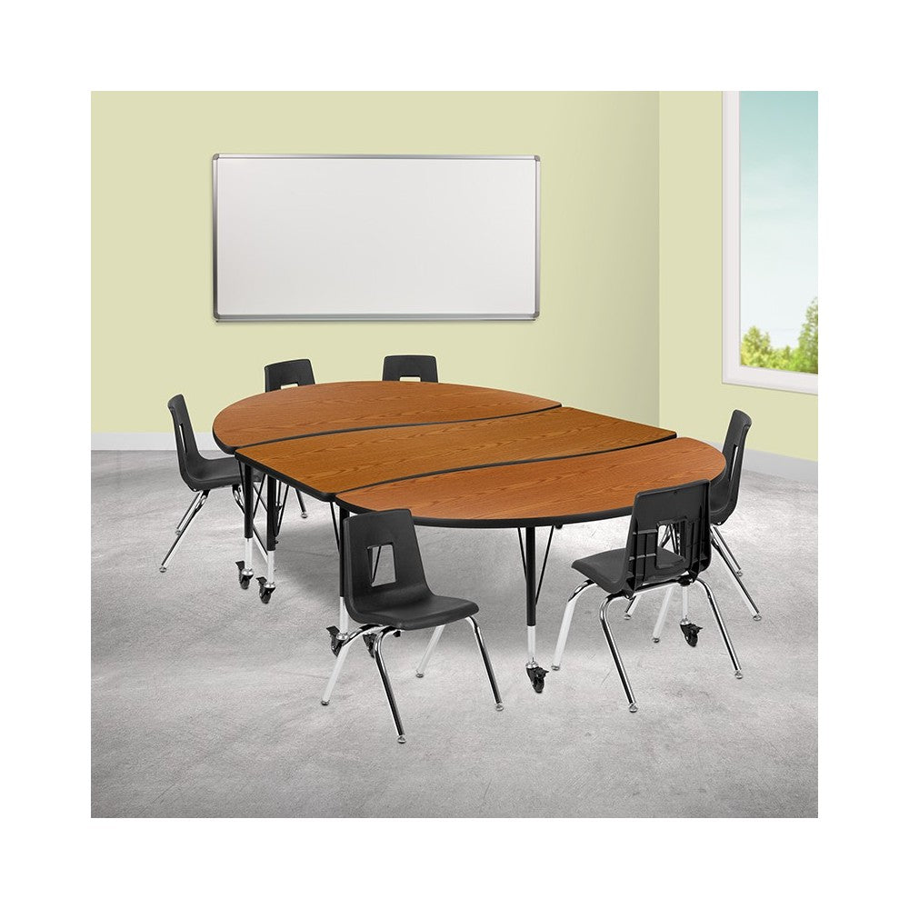 Mobile 86" Oval Wave Collaborative Laminate Activity Table Set with 14" Student Stack Chairs, Oak/Black