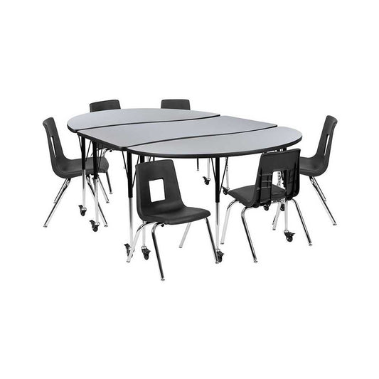 Mobile 86" Oval Wave Collaborative Laminate Activity Table Set with 16" Student Stack Chairs, Gray/Black