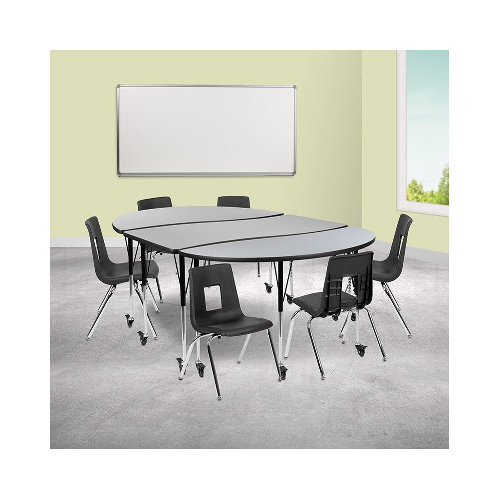 Mobile 86" Oval Wave Collaborative Laminate Activity Table Set with 16" Student Stack Chairs, Gray/Black