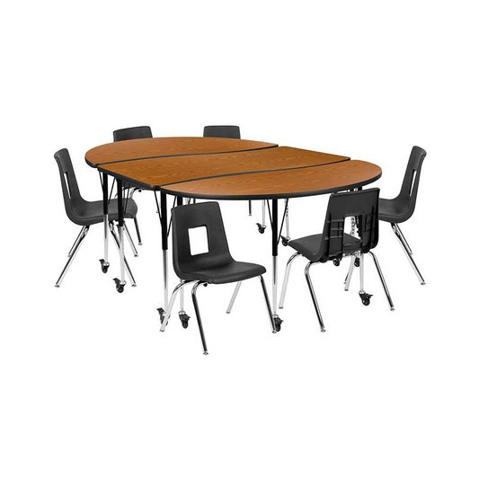 Mobile 86" Oval Wave Collaborative Laminate Activity Table Set with 16" Student Stack Chairs, Oak/Black