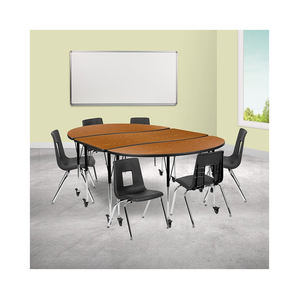 Mobile 86" Oval Wave Collaborative Laminate Activity Table Set with 16" Student Stack Chairs, Oak/Black