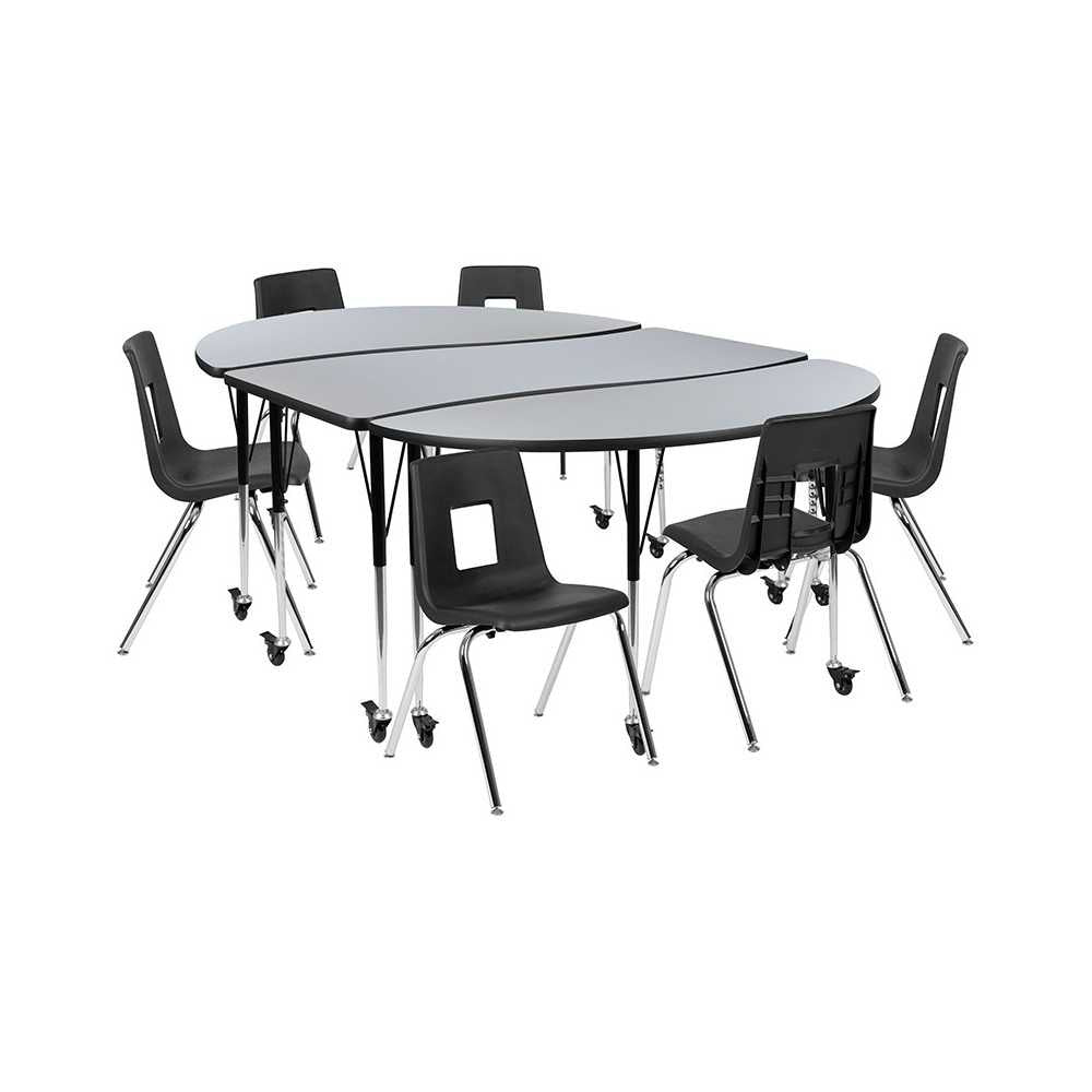 Mobile 86" Oval Wave Collaborative Laminate Activity Table Set with 18" Student Stack Chairs, Gray/Black