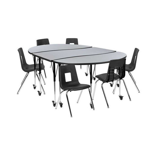 Mobile 86" Oval Wave Collaborative Laminate Activity Table Set with 18" Student Stack Chairs, Gray/Black