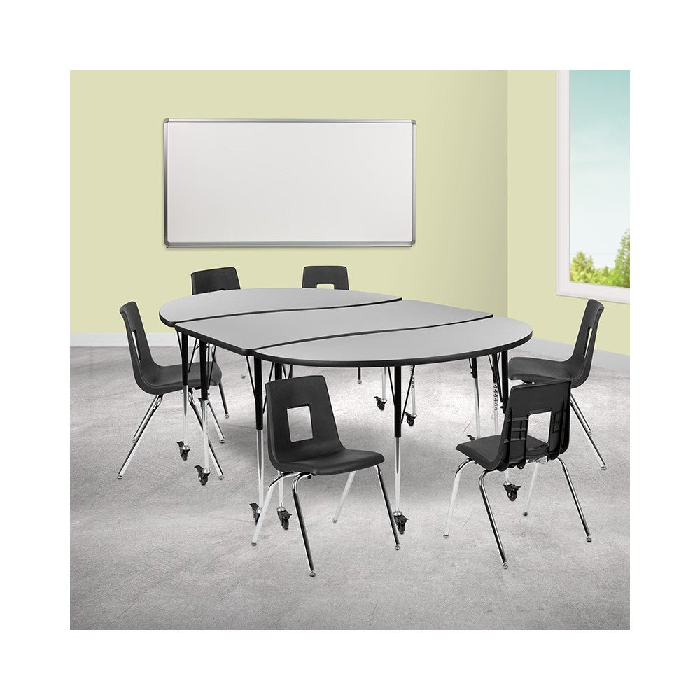 Mobile 86" Oval Wave Collaborative Laminate Activity Table Set with 18" Student Stack Chairs, Gray/Black