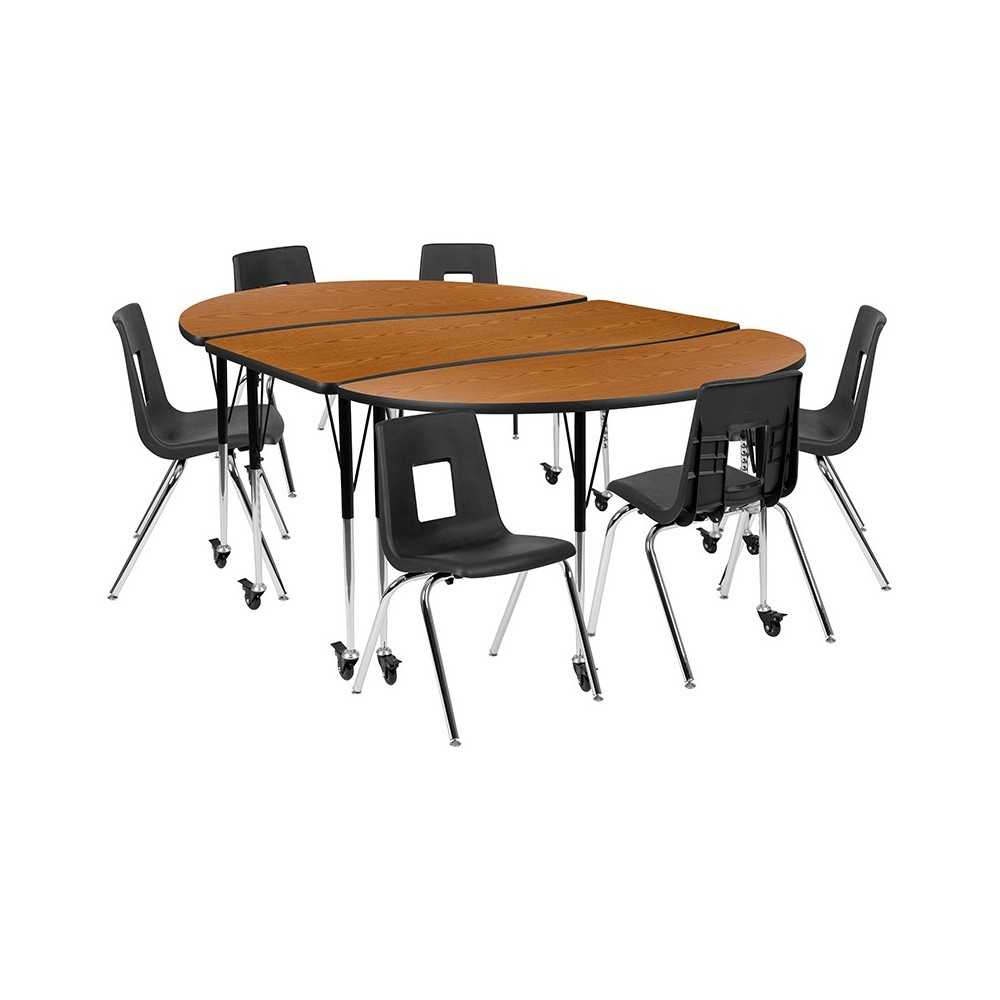 Mobile 86" Oval Wave Collaborative Laminate Activity Table Set with 18" Student Stack Chairs, Oak/Black