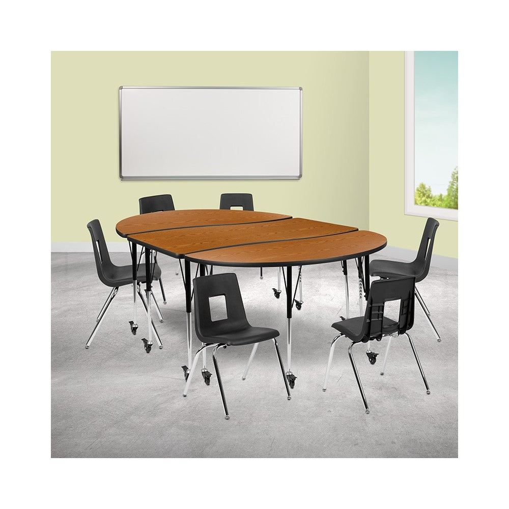 Mobile 86" Oval Wave Collaborative Laminate Activity Table Set with 18" Student Stack Chairs, Oak/Black