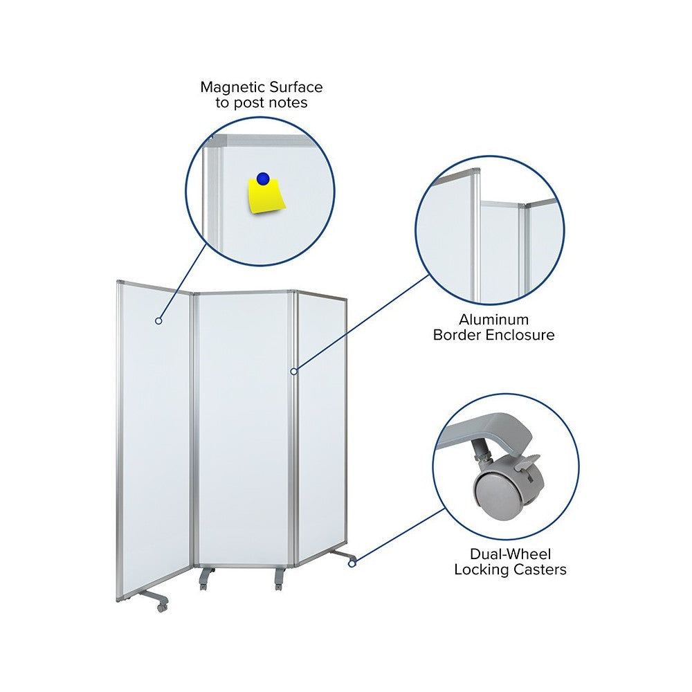 Mobile Magnetic Whiteboard Partition with Lockable Casters, 72"H x 24"W (3 sections included)