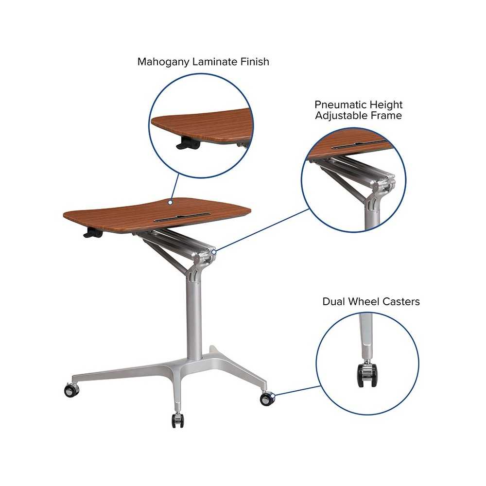 Mobile Sit-Down, Stand-Up Mahogany Computer Ergonomic Desk with 28.25''W Top (Adjustable Range 29'' - 41'')