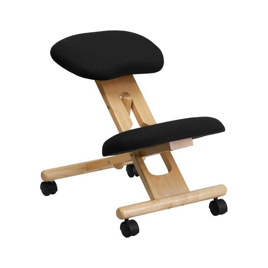 Mobile Wooden Ergonomic Kneeling Office Chair in Black Fabric