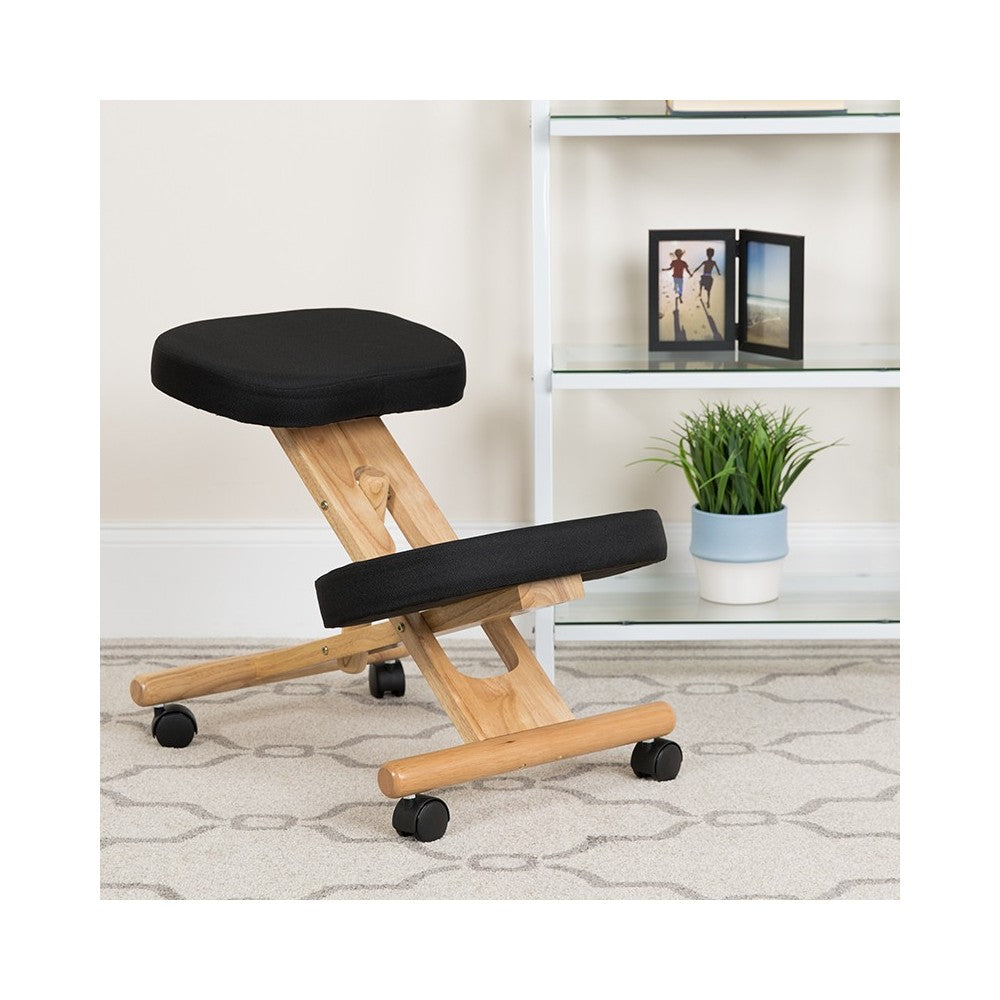 Mobile Wooden Ergonomic Kneeling Office Chair in Black Fabric