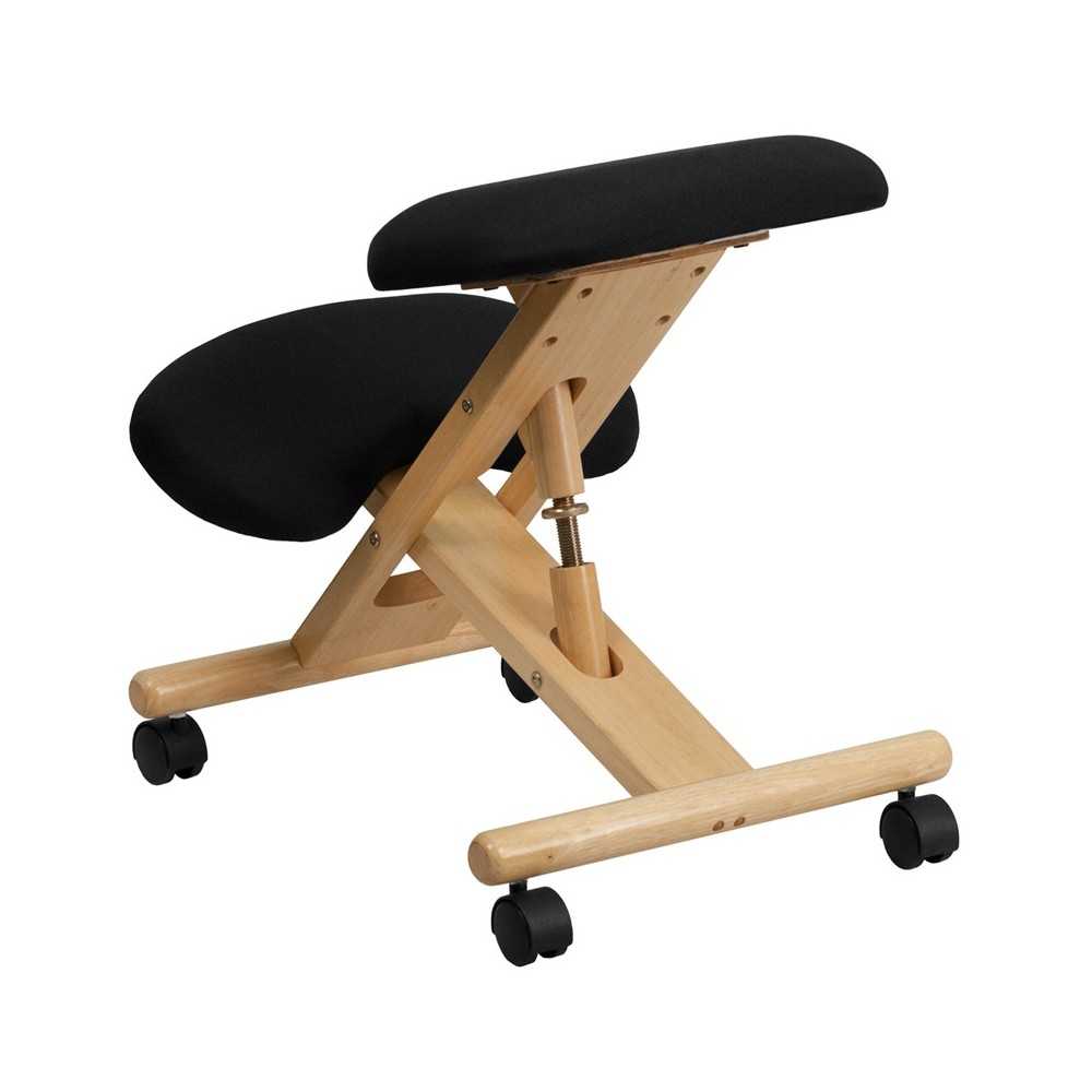 Mobile Wooden Ergonomic Kneeling Office Chair in Black Fabric