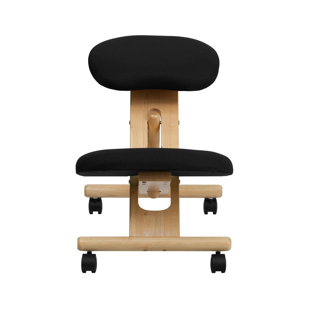 Mobile Wooden Ergonomic Kneeling Office Chair in Black Fabric