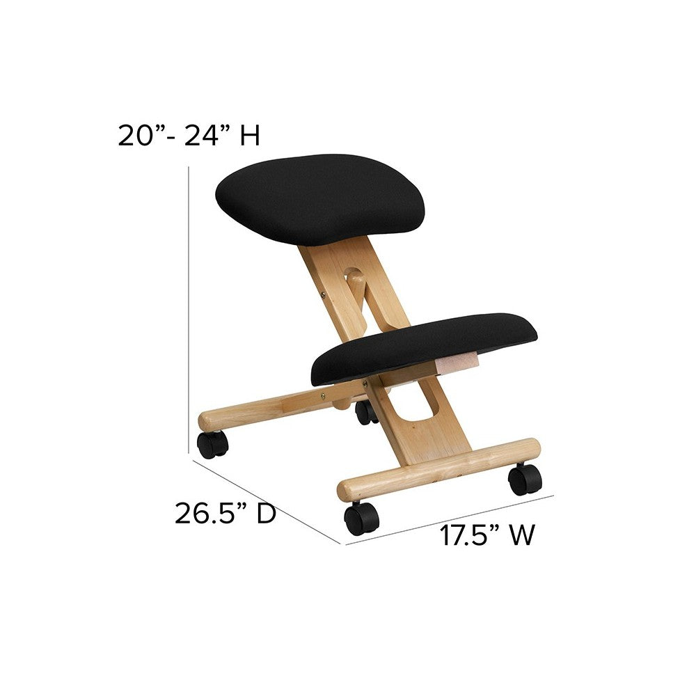 Mobile Wooden Ergonomic Kneeling Office Chair in Black Fabric