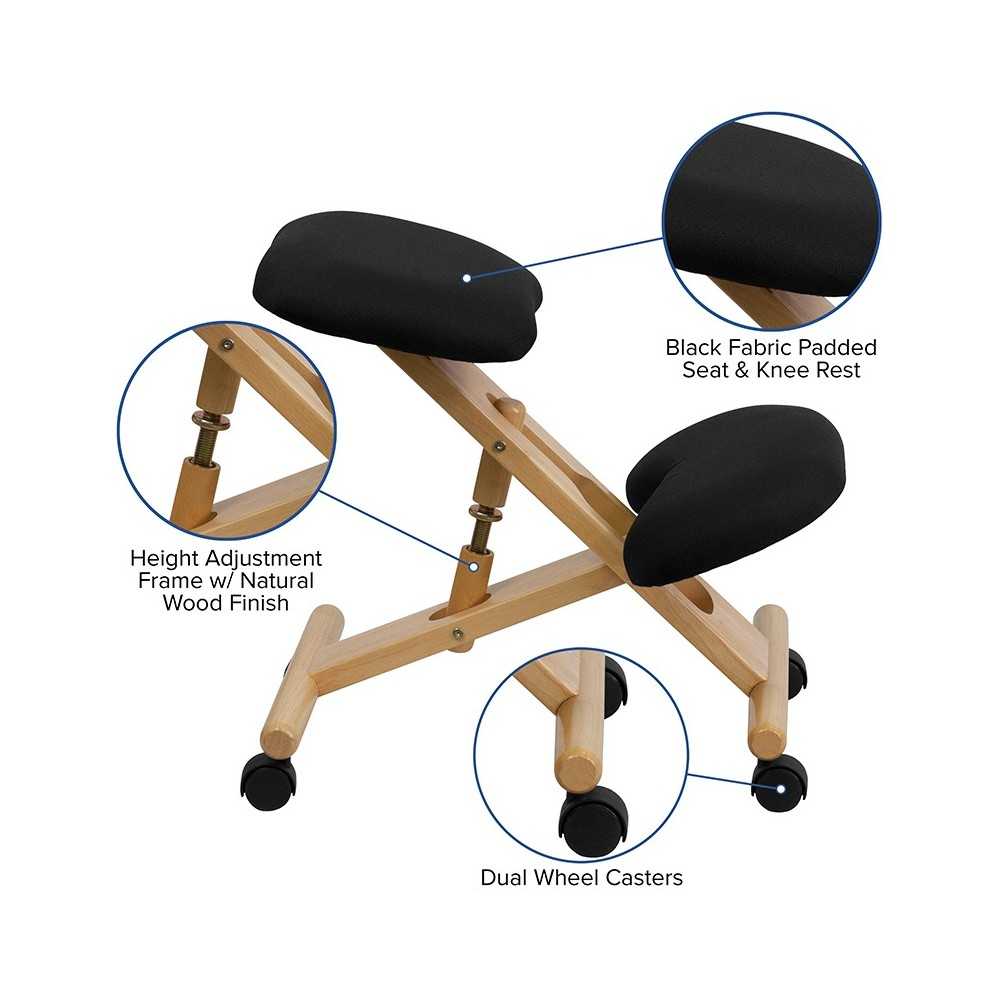 Mobile Wooden Ergonomic Kneeling Office Chair in Black Fabric