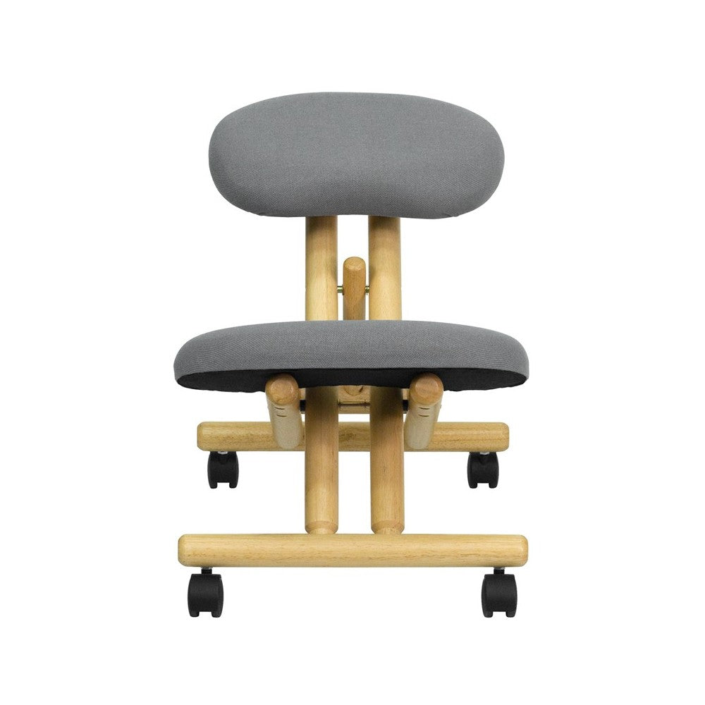 Mobile Wooden Ergonomic Kneeling Office Chair in Gray Fabric