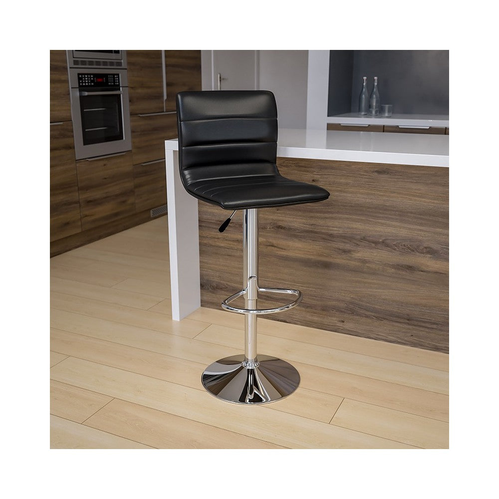 Modern Black Vinyl Adjustable Bar Stool with Back, Counter Height Swivel Stool with Chrome Pedestal Base