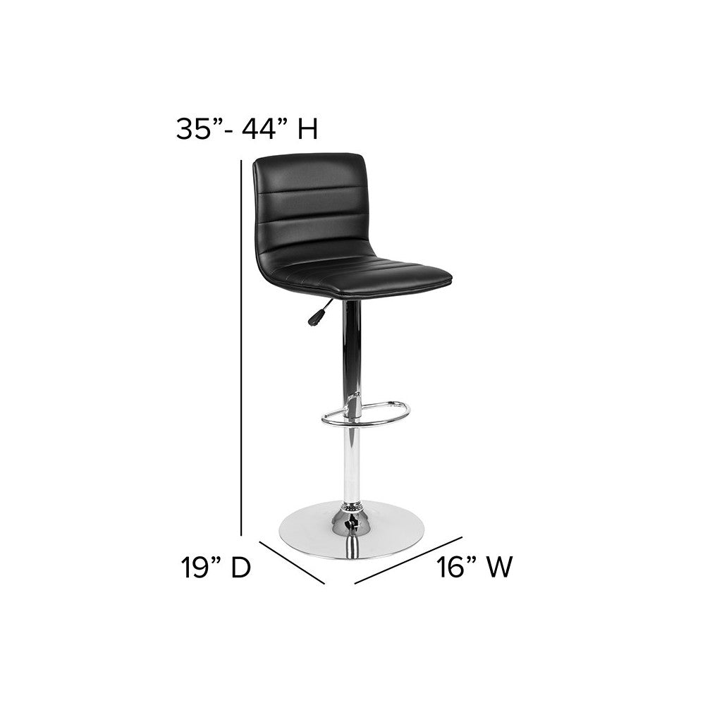 Modern Black Vinyl Adjustable Bar Stool with Back, Counter Height Swivel Stool with Chrome Pedestal Base