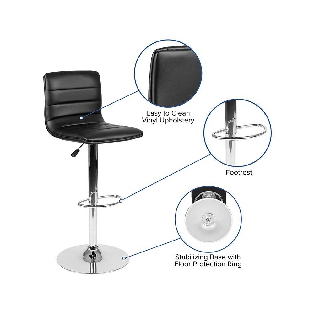 Modern Black Vinyl Adjustable Bar Stool with Back, Counter Height Swivel Stool with Chrome Pedestal Base