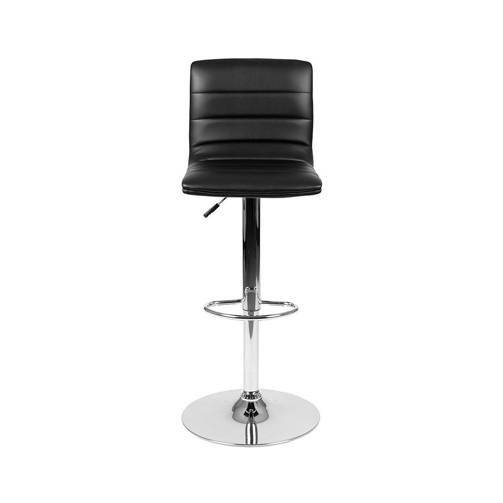 Modern Black Vinyl Adjustable Bar Stool with Back, Counter Height Swivel Stool with Chrome Pedestal Base