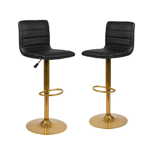 Modern Black Vinyl Adjustable Bar Stool with Back, Counter Height Swivel Stool with Gold Pedestal Base, Set of 2