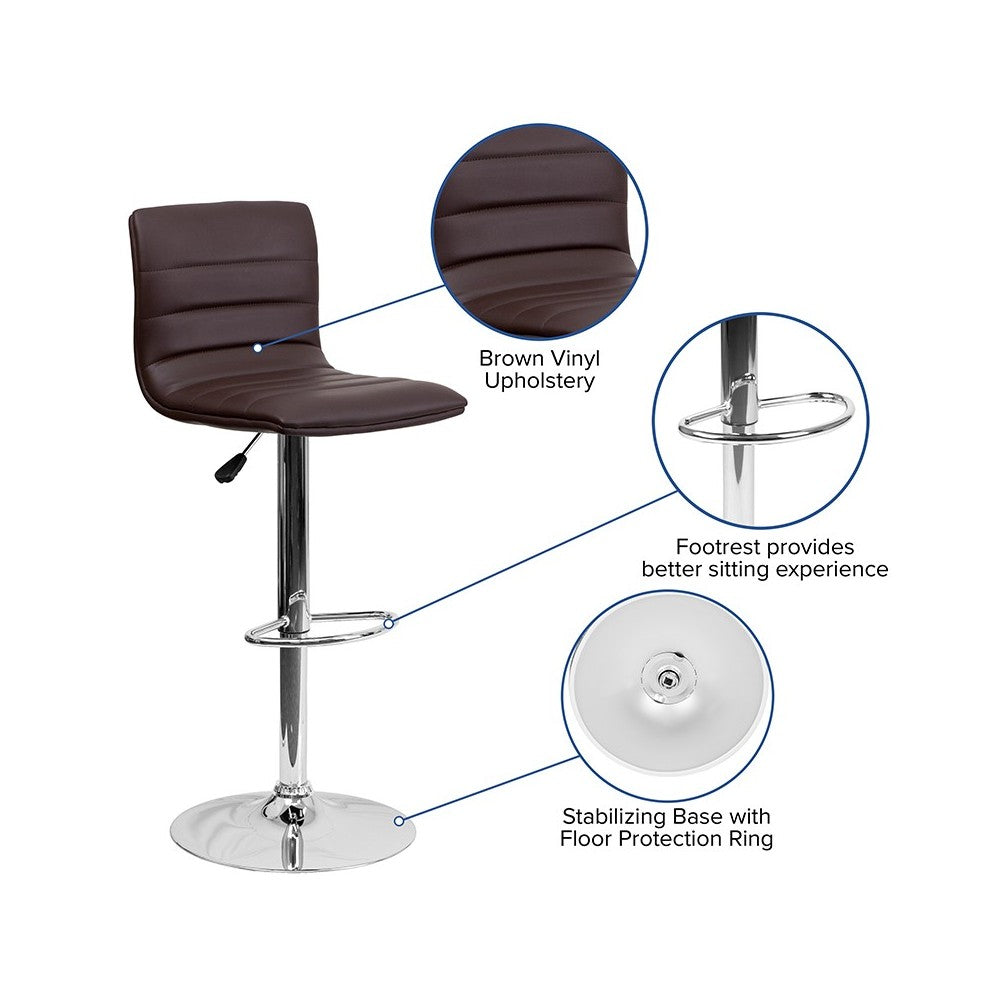 Modern Brown Vinyl Adjustable Bar Stool with Back, Counter Height Swivel Stool with Chrome Pedestal Base