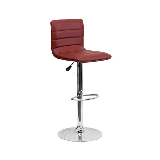 Modern Burgundy Vinyl Adjustable Bar Stool with Back, Counter Height Swivel Stool with Chrome Pedestal Base