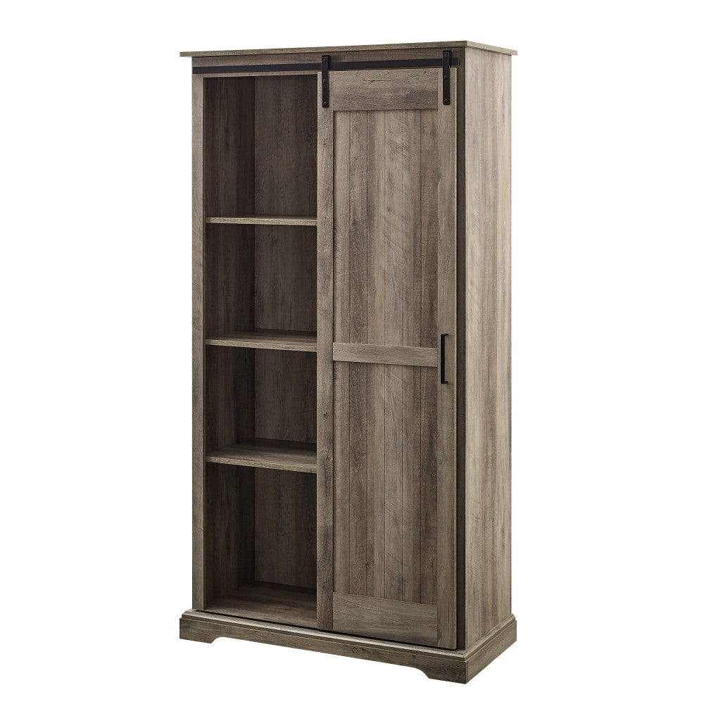 Modern Farmhouse Grooved Sliding Door Tall Storage Cabinet - Gray Wash