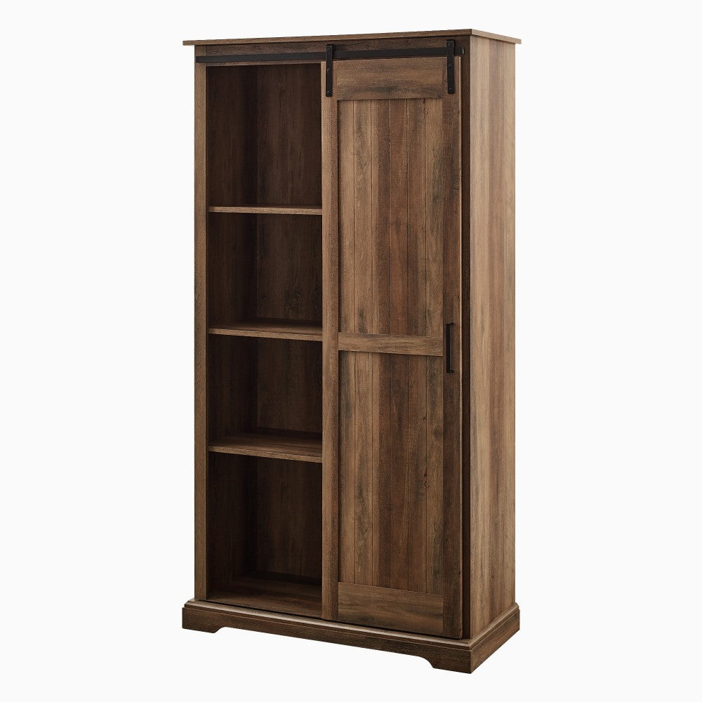 Modern Farmhouse Grooved Sliding Door Tall Storage Cabinet - Rustic Oak