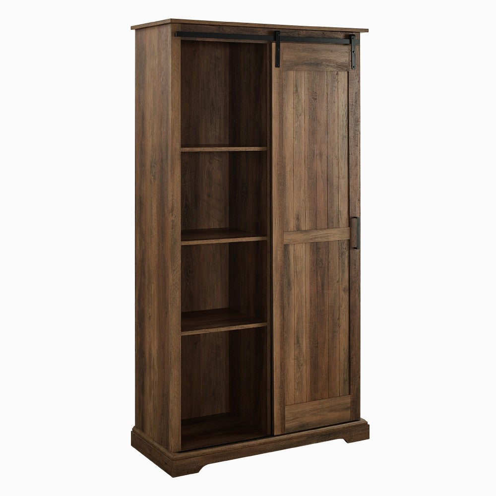 Modern Farmhouse Grooved Sliding Door Tall Storage Cabinet - Rustic Oak