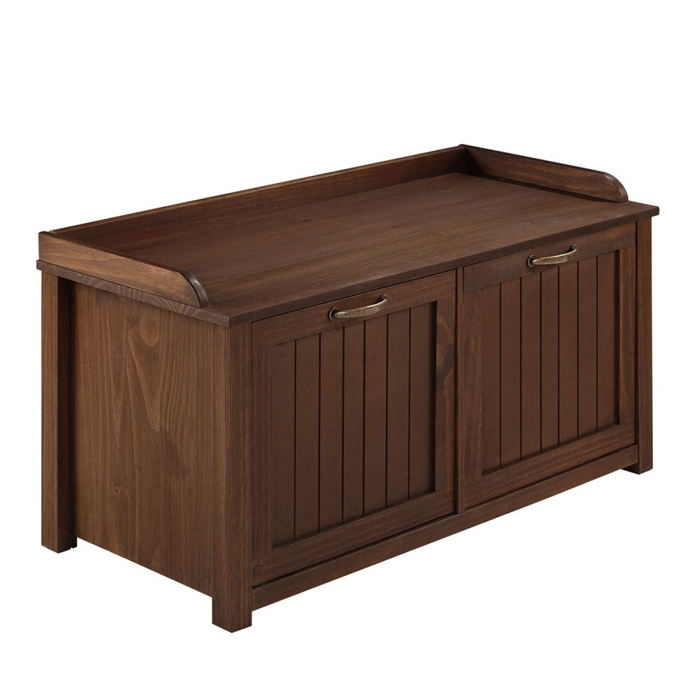 Modern Farmhouse Tray Top Grooved Drop Down Shoe Storage Entry Bench - Walnut