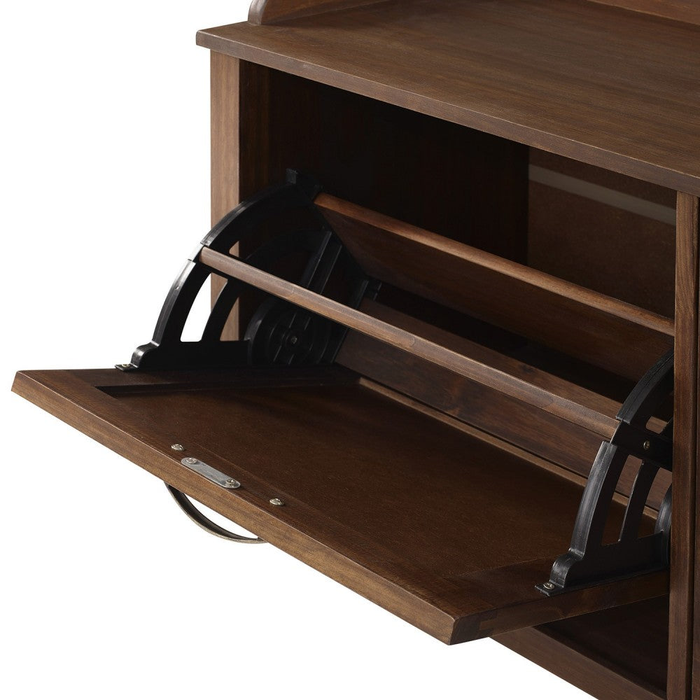 Modern Farmhouse Tray Top Grooved Drop Down Shoe Storage Entry Bench - Walnut