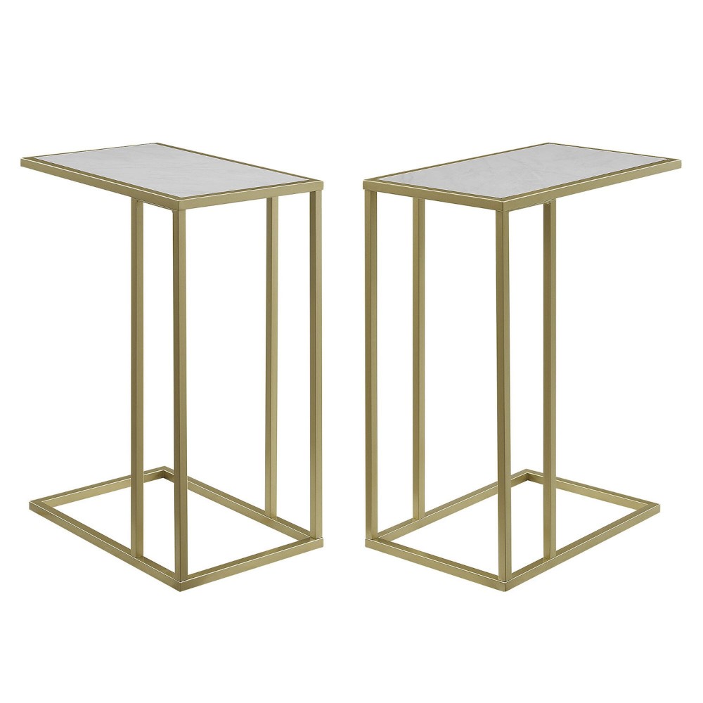 Modern Glam 2-Piece C-Table with Metal Base - Faux White Marble and Gold