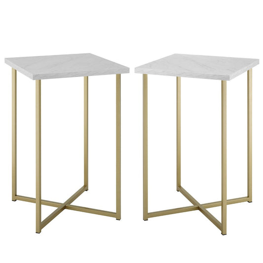 Modern Glam 2-Piece Metal and Wood Square Accent Tables - Faux White Marble/Gold