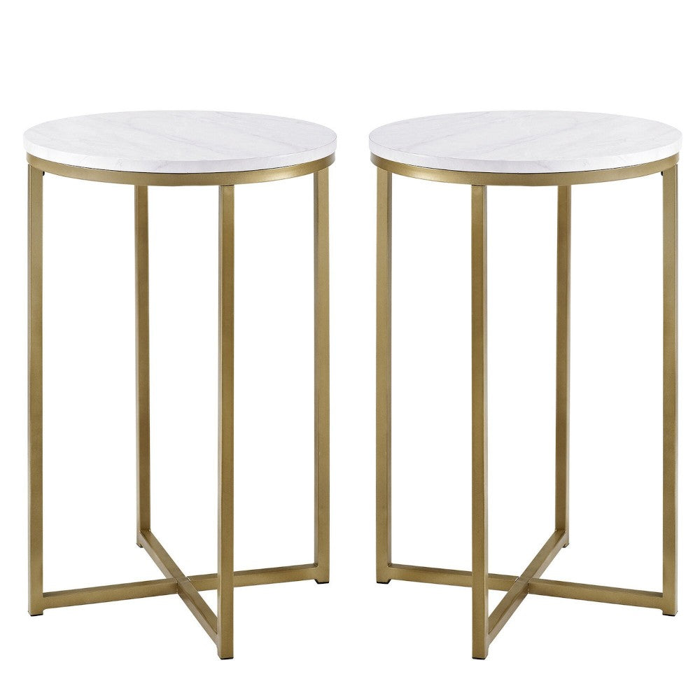 Modern Glam 2-Piece Metal-X Leg Side Table Set - Faux White Marble/Gold