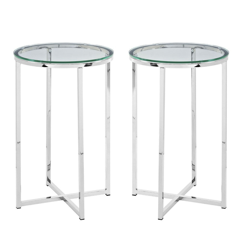 Modern Glam 2-Piece Metal-X Leg Side Table Set - Glass/Chrome
