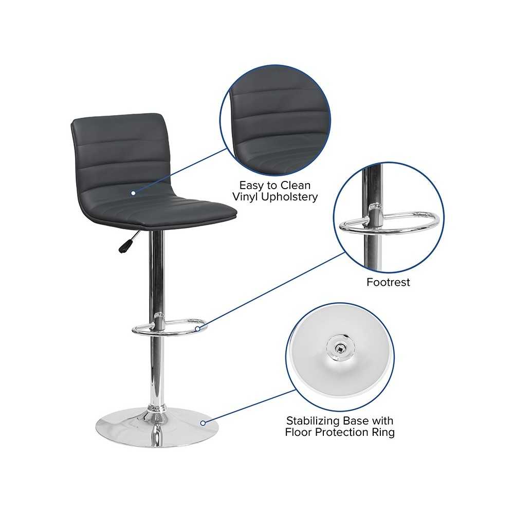 Modern Gray Vinyl Adjustable Bar Stool with Back, Counter Height Swivel Stool with Chrome Pedestal Base