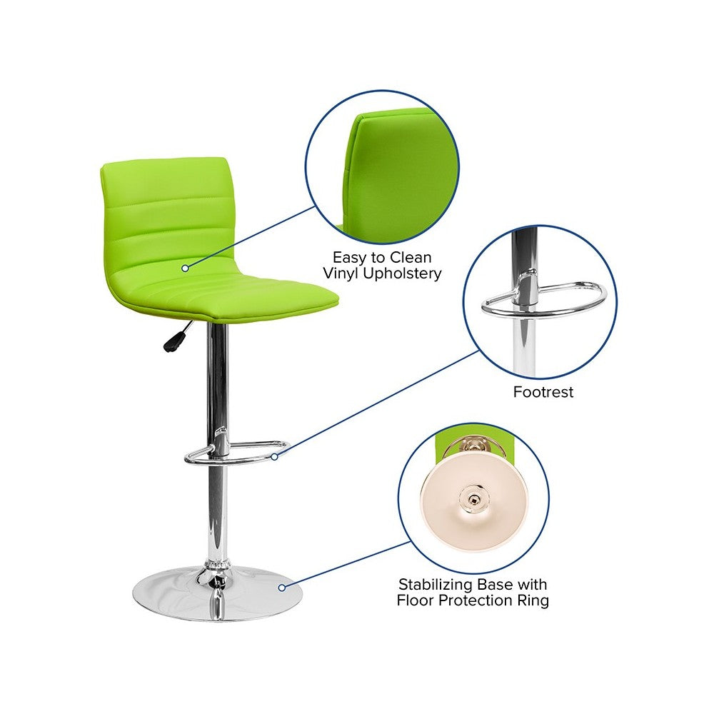 Modern Green Vinyl Adjustable Bar Stool with Back, Counter Height Swivel Stool with Chrome Pedestal Base