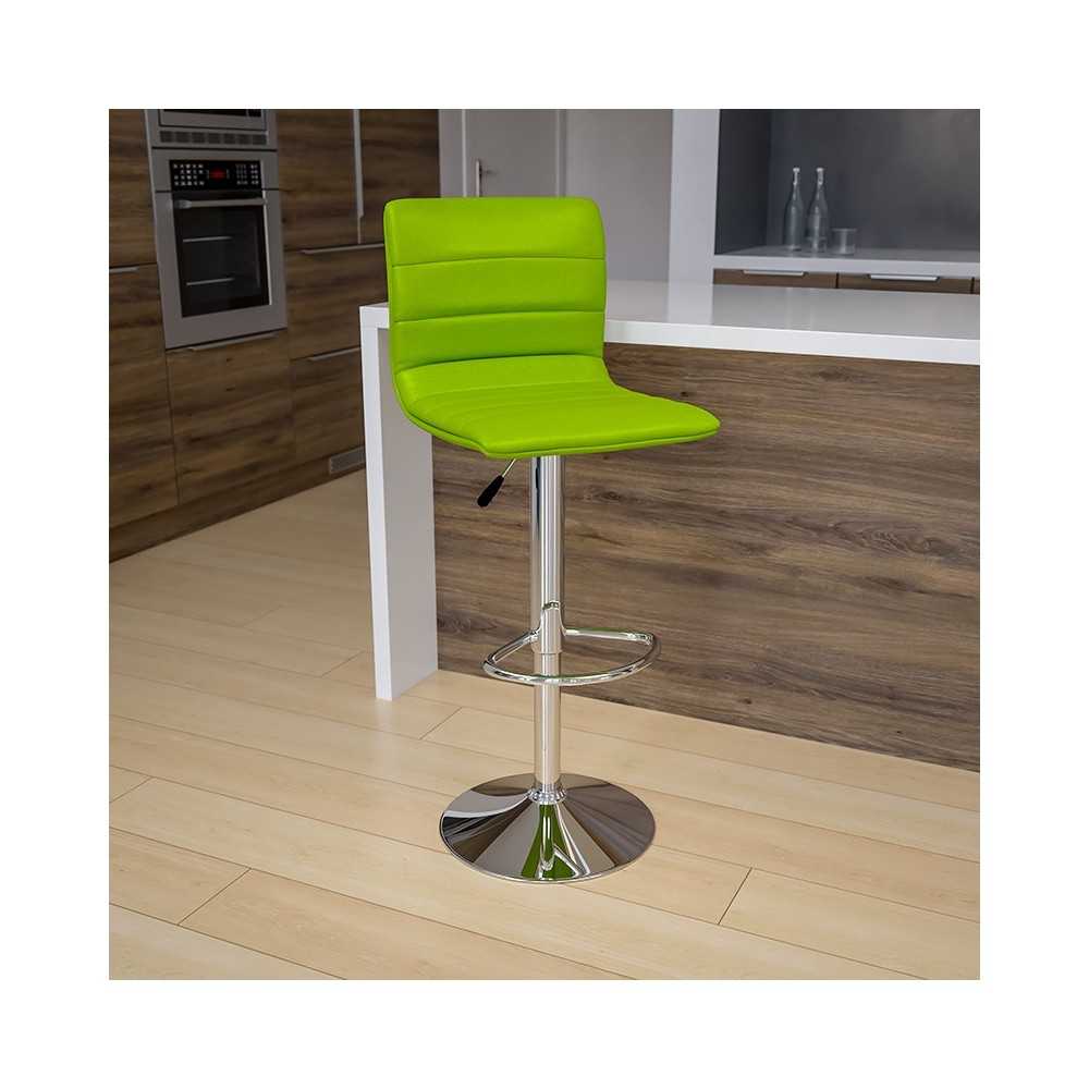 Modern Green Vinyl Adjustable Bar Stool with Back, Counter Height Swivel Stool with Chrome Pedestal Base