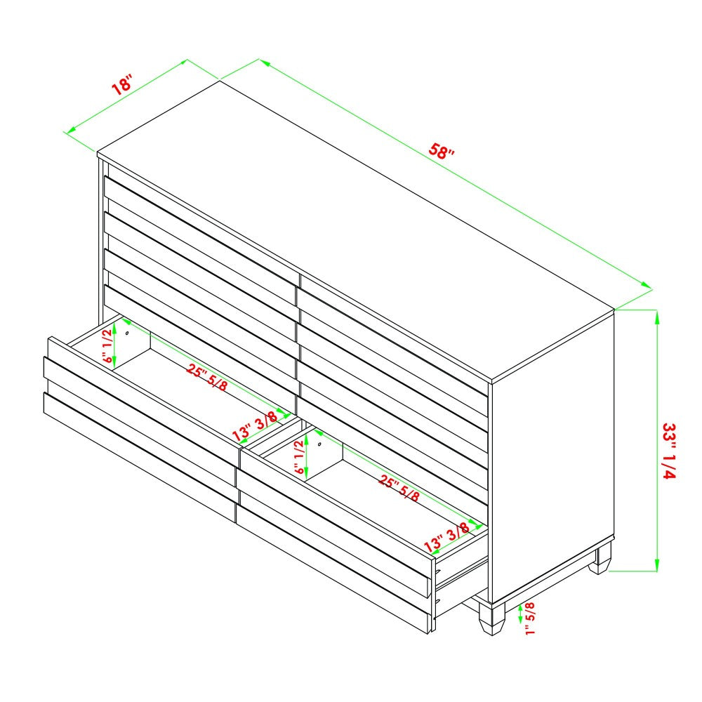 Modern Grooved Panel 6 Drawer Wood Dresser - White
