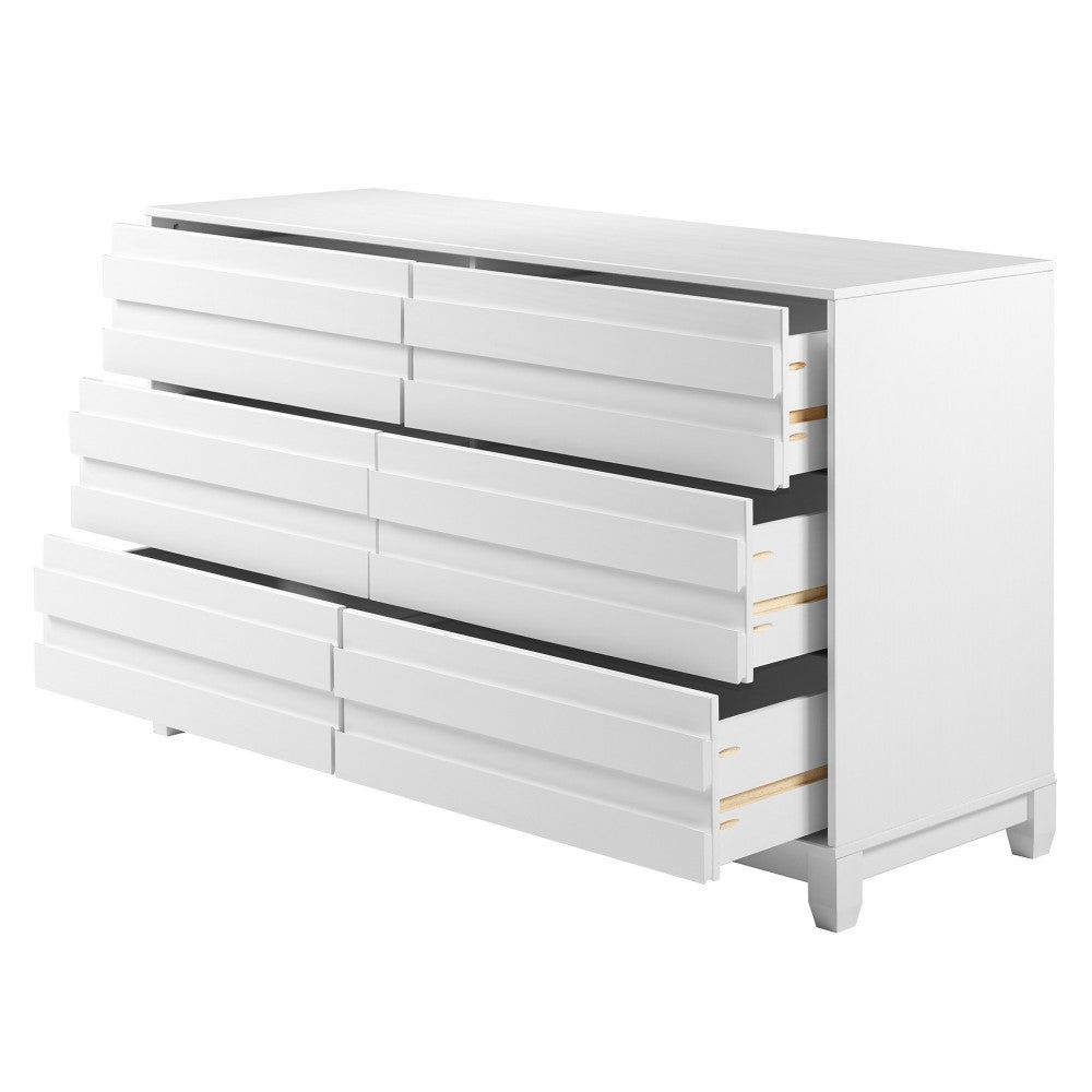 Modern Grooved Panel 6 Drawer Wood Dresser - White