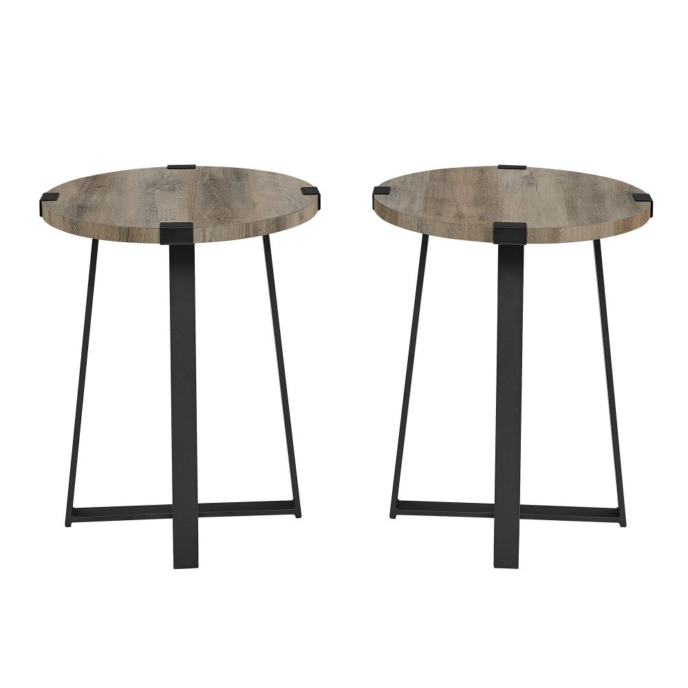 Modern Industrial 2-Piece Metal Wrap Side Table Set - Gray Wash