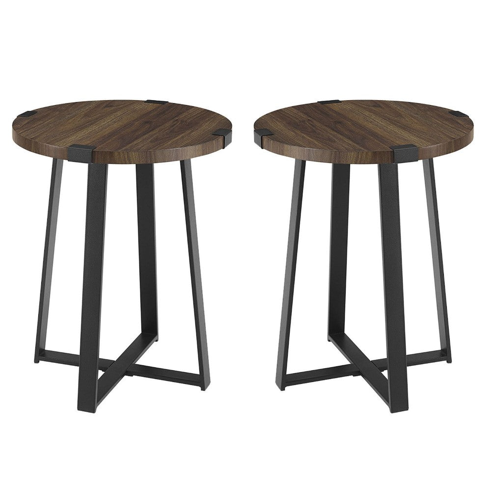 Modern Industrial 2-Piece Metal Wrap Side Table Set - Dark Walnut